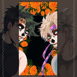  2boys bare_shoulders battle_tendency black_hair blonde_hair blue_eyes caesar_anthonio_zeppeli calavera cempoalxochitl dia_de_muertos facepaint facial_mark feather_hair_ornament feathers green_eyes grin hair_ornament headband highres jojo_no_kimyou_na_bouken joseph_joestar joseph_joestar_(young) kogatarou male_focus marigold mexico multiple_boys revealing_layer skull smile triangle_print 