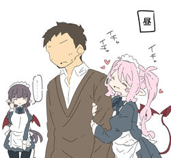  ... 1boy 2girls amakara_surume black_hair black_legwear blush breasts commentary_request demon_girl demon_tail demon_wings heart hug locked_arms long_hair maid multiple_girls original pink_hair simple_background smile spoken_ellipsis sweatdrop tail translation_request twintails white_background wings 