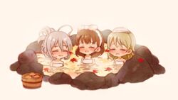  3girls :d =_= ahoge bathing blonde_hair blush brown_hair bucket chibi closed_eyes commentary grey_hair hoshi_syoko idolmaster idolmaster_cinderella_girls leaf long_hair morikubo_nono multiple_girls mushroom omisoshiru onsen open_mouth partially_submerged ponytail protected_link rock sakuma_mayu same-sex_bathing shared_bathing sidelocks smile sweat symbol-only_commentary towel towel_on_head under_the_desk_(idolmaster) wooden_bucket 