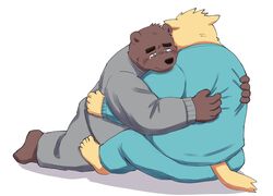  2023 anthro bear bodily_fluids bottomwear brown_body canid canine canis clothing crying domestic_dog duo hi_res hug humanoid_hands kemono kick_(artist) male mammal overweight overweight_male pants sad shirt tears topwear 