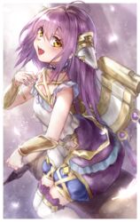  aenea_(shadowverse) ahoge bad_id bad_pixiv_id blush catumi_(ta938_ka23) female hair_between_eyes headpiece highres long_hair open_mouth puffy_shorts purple_hair shadowverse shorts sitting sleeveless solo thighhighs white_thighhighs yellow_eyes 