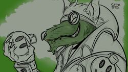  16:9 2020 4_fingers anthro claws cloak clothed clothing eyewear eyewear_on_head facial_hair finger_claws fingers fur goatee goggles goggles_on_head green_background green_body green_fur grin hi_res league_of_legends looking_at_viewer male mammal monochrome murid murine narrowed_eyes open_mouth rat riot_games rodent simple_background smile solo sterlingrizzly teeth tencent twitch_(lol) whiskers white_background widescreen 