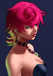  bare_shoulders blue_eyes breasts choker cleavage collarbone female green_eyes hair_between_eyes jojo_no_kimyou_na_bouken lips looking_to_the_side medium_breasts pink_hair pink_lips portrait short_hair solo trish_una vento_aureo zetman92 