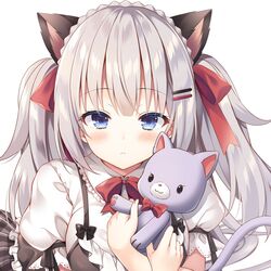  animal_ears black_dress blue_eyes blush bow bowtie braid breasts cat_ears cat_girl cat_tail closed_mouth collared_shirt commentary crown_braid dress female frilled_shirt_collar frills grey_hair hair_ornament hairbow hairclip hugging_object long_hair looking_at_viewer medium_breasts nanohana_kohina original puffy_short_sleeves puffy_sleeves red_bow red_bowtie shinigami_(tougetsu_hajime) shirt short_sleeves sleeveless sleeveless_dress solo stuffed_animal stuffed_cat stuffed_toy tail tail_raised two_side_up upper_body 