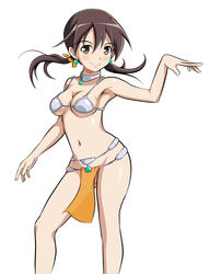  armpits blush breasts brown_hair cleavage closed_mouth commentary_request cosplay dancer dancer&#039;s_costume_(dq) dragon_quest dragon_quest_iv feet_out_of_frame female gertrud_barkhorn groin loincloth looking_at_viewer manya_(dq4) manya_(dq4)_(cosplay) medium_breasts medium_hair monousa navel shiny_skin simple_background smile solo standing strike_witches twintails white_background world_witches_series 