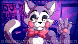  2020 4_fingers amanddica animatronic anthro brown_eyes cindy_(fnac) claws domestic_cat eyebrows eyelashes fangs fazbear_fanverse felid feline felis female fingers five_nights_at_candy&#039;s grey_body half-closed_eyes hi_res machine mammal narrowed_eyes pawpads pink_cheeks purple_body ribbons robot signature solo teeth white_body white_inner_ear 