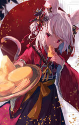  2020 animal_ears blush bow bowl cheese cheese_wheel chinese_zodiac eating female food furisode giving grey_hair hair_ornament hairbow hakama hakama_skirt highres holding holding_bowl holding_food japanese_clothes kimono long_sleeves looking_at_viewer makihitsuji mouse_ears mouse_tail original photoshop_(medium) red_eyes short_hair skirt solo swiss_cheese tail wide_sleeves year_of_the_rat 