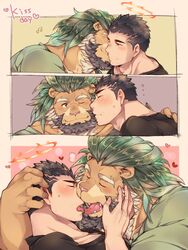  2boys alternate_costume animal_ears arsalan_(housamo) bara beard black_hair black_shirt blush brown_eyes brown_fur casual collage couple facial_hair fingernails french_kiss furry furry_male furry_with_non-furry green_hair halo hand_on_another&#039;s_face hand_on_another&#039;s_head highres interspecies kiss_day kissing kissing_cheek lion_boy lion_ears male_focus mature_male medium_hair multiple_boys muscular muscular_male one_eye_closed saliva saliva_trail sharp_fingernails shirt short_hair stubble tokyo_afterschool_summoners tongue tongue_out upper_body wafu_(youzora_samo18) yaoi yellow_eyes zabaniyya_(housamo) 