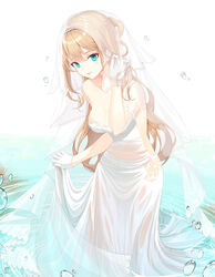  backless_dress backless_outfit bare_shoulders blue_eyes breasts bridal_veil cleavage collarbone dress female girls&#039;_frontline gloves light_brown_hair long_hair medium_breasts official_alternate_costume partially_submerged solo suomi_(blissful_mission)_(girls&#039;_frontline) suomi_(girls&#039;_frontline) tmtl_aos veil very_long_hair wedding_dress wet wet_clothes wet_dress white_gloves 