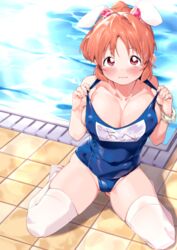  abe_nana animal_ears ass_visible_through_thighs blue_one-piece_swimsuit blush breasts cleavage collarbone female groin idolmaster idolmaster_cinderella_girls kneeling large_breasts light_smile looking_at_viewer menea name_tag old_school_swimsuit one-piece_swimsuit orange_hair ponytail pool poolside rabbit_ears school_swimsuit skin_tight skindentation solo swimsuit swimsuit_tug thighhighs tile_floor tiles white_thighhighs 