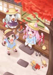  3girls :d absurdres animal_ear_fluff animal_ears architecture arms_up autumn autumn_leaves azur_lane bell bird black_footwear blue_eyes blue_hair blue_shirt blunt_bangs blurry blurry_foreground blush bow broom brown_hair cat_ears cat_tail chick commentary_request dress dustpan ears_through_headwear east_asian_architecture eating falling_leaves food full_body green_eyes hair_between_eyes hat highres holding holding_dustpan holding_food holding_leaf jingle_bell kindergarten_uniform kinomiki_nobori kisaragi_(azur_lane) leaf lifebuoy_ornament long_hair long_sleeves looking_up loose_socks low-tied_long_hair manjuu_(azur_lane) mikazuki_(azur_lane) multiple_girls mutsuki_(azur_lane) neckerchief oerba_yun_fang off-shoulder_dress off_shoulder open_mouth pink_eyes pink_hair purple_dress ribbon school_hat shadow shirt shoes short_hair sidelocks sitting skin_fang skirt sliding_doors smile socks squirrel_ears squirrel_tail standing striped_clothes striped_socks tail tail_bell tail_ornament tail_ribbon taiyaki tatami thighhighs tree twintails unworn_shoes veranda very_long_hair wagashi wariza white_socks white_thighhighs wooden_floor yellow_headwear yellow_neckerchief yellow_skirt 