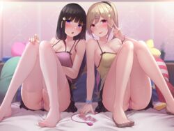  2girls ass bed_sheet black_hair black_skirt blonde_hair blunt_bangs blush breasts camisole cleavage collarbone cushion egg_vibrator feet hair_between_eyes hair_ornament knees_up large_breasts long_hair looking_at_viewer multiple_girls nail_polish no-show_socks on_bed open_mouth original panties pillow pink_camisole pink_panties pleated_skirt purple_eyes scrunchie sex_toy sitting skirt smile star_(symbol) star_hair_ornament thighhighs thighs toes tongue tongue_out toyosaki_shu underwear v vibrator white_thighhighs wrist_scrunchie yellow_camisole 