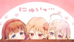  3girls ahoge blonde_hair blue_eyes blush brown_hair commentary_request flower grey_hair hair_flower hair_ornament hair_ribbon hairband hoshi_syoko idolmaster idolmaster_cinderella_girls looking_at_viewer morikubo_nono multiple_girls omisoshiru pink_flower protected_link red_eyes red_ribbon ribbon sakuma_mayu translation_request under_the_desk_(idolmaster) 