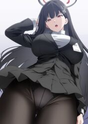  black_hair black_jacket black_pantyhose black_skirt blue_archive breasts bright_pupils commentary female hair_ornament hairclip halo highres id_card jacket large_breasts long_hair looking_at_viewer makiri_akira panties panties_under_pantyhose pantyhose pleated_skirt red_eyes rio_(blue_archive) skirt solo sweater turtleneck turtleneck_sweater underwear very_long_hair white_pupils white_sweater 