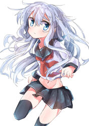  :/ absurdres anchor_symbol blush collarbone female grey_hair groin hair_between_eyes hibiki_(kancolle) highres kantai_collection light_blush long_hair long_sleeves looking_at_viewer loose_skirt love_handles midriff navel neckerchief pleated_skirt rotroto school_uniform serafuku simple_background skirt solo thighhighs white_background 