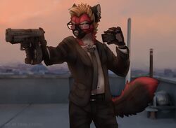  anthro black_body black_fur brown_hair canid canine canis card claws clothed clothing detailed_background eyewear fluffy fluffy_tail fur glasses gun hair handgun holding_object holding_weapon male mammal multicolored_body multicolored_fur necktie pistol ranged_weapon red_body red_fur solo tail tashalisets weapon white_body white_fur wolf yellow_eyes 