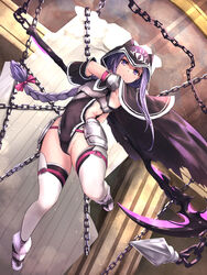  braid butter_curry cape chains cloak covered_navel fate/grand_order fate_(series) female harpe highres holding holding_scythe holding_weapon hood hooded_cloak leotard long_braid long_hair looking_at_viewer medusa_(fate) medusa_(lancer)_(fate) purple_eyes purple_hair scythe single_braid solo thighhighs very_long_hair weapon white_thighhighs 