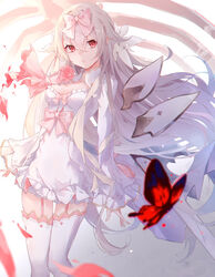  arcaea bai-hyacinth blurry bow breasts bug butterfly closed_mouth commentary_request crossed_bangs depth_of_field dress feet_out_of_frame female flower garter_straps grey_hair hair_between_eyes hair_flaps hairbow highres hikari_(arcaea) hikari_(fatalis)_(arcaea) long_bangs long_hair long_sleeves looking_at_viewer pink_bow pink_flower pink_garter_straps pink_rose red_eyes rose sleeves_past_wrists small_breasts solo thighhighs thighs very_long_hair white_dress white_thighhighs zettai_ryouiki 