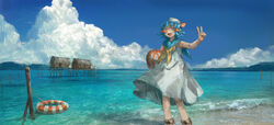  :d absurdres akari_(shichigatsu) bad_id bad_pixiv_id ball bare_arms beachball blue_hair blue_sailor_collar blue_sky cloud cloudy_sky day dress feet_out_of_frame female hand_up highres holding holding_ball lake lifebuoy looking_at_viewer neckerchief open_mouth orange_eyes original outdoors sailor_collar sailor_dress scenery shichigatsu short_hair sky smile solo standing stilt_house swim_ring v water white_dress yellow_neckerchief 