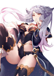  aki663 animal_ears braid breasts cleavage covered_navel detached_pants erune female fraux french_braid granblue_fantasy grey_hair hand_on_own_hip highres leg_up leotard long_hair medium_breasts orange_eyes parted_lips photoshop_(medium) pinky_out robe simple_background solo thighhighs thighs twintails white_background 