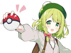  :d backpack bag blush bow braid collarbone commentary_request cosplay female fingernails gloria_(pokemon) gloria_(pokemon)_(cosplay) green_eyes green_hair green_hat grey_jacket hairbow hat holding holding_poke_ball jacket long_sleeves meito_(maze) morinaka_kazaki nail_polish nijisanji notice_lines open_mouth outstretched_arm pink_nails poke_ball poke_ball_(basic) pokemon pokemon_swsh puffy_long_sleeves puffy_sleeves red_bow shirt simple_background single_braid smile solo tam_o&#039;_shanter upper_body v-shaped_eyebrows virtual_youtuber white_background white_shirt 