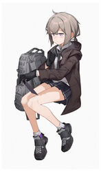  antenna_hair backpack bag black_gloves closed_mouth commentary female girls&#039;_frontline gloves grey_hair hair_between_eyes headphones headphones_around_neck highres holding jacket legs looking_down m200_(girls&#039;_frontline) necktie polo_shirt ponytail purple_eyes shirt shoes simple_background sitting sneakers socks solo tablet_pc unworn_backpack unworn_bag white_background white_shirt yoni_(zhang) 