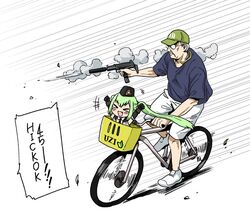  &gt;_&lt; 1boy :d anyan_(jooho) baseball_cap bicycle bicycle_basket character_name chibi commentary earplugs english_commentary facial_hair female firing girls&#039;_frontline glasses green_hair grey_hair gun hat hickok45 highres micro_uzi_(girls&#039;_frontline) moustache old old_man open_mouth real_life riding shirt shoes short_sleeves shorts shoshinsha_mark smile smoke smoking_barrel submachine_gun suppressor t-shirt twintails uzi weapon white_background xd 