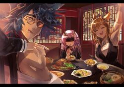  1boy 2girls animal_ears arknights arm_up bamboo_steamer bird black_dress black_shirt black_vest blindfold blonde_hair blue_hair breasts chopsticks chopsticks_in_mouth closed_eyes closed_mouth collared_shirt commentary_request dim_sum dress duck ear_ornament eating eyewear_strap food fried_food glasses hand_on_another&#039;s_shoulder holding holding_chopsticks horn_ornament horns indoors kroos_(arknights) kroos_the_keen_glint_(arknights) lava_(arknights) lava_the_purgatory_(arknights) letterboxed light_blush light_particles long_hair looking_at_viewer looking_back medium_hair mr._nothing_(arknights) multiple_girls muscular muscular_male off_shoulder official_alternate_costume ohayashi55 oni oni_horns open_mouth orange_eyes parted_lips pink_hair plate pointy_ears rabbit_ears shirt sitting sleeveless sleeveless_shirt smile soup sparkle spring_onion table teeth tree vest white_shirt 