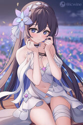  absurdres artist_name bandage_on_thigh bare_shoulders black_hair blue_eyes blush breasts chest_tattoo cleavage closed_mouth colored_inner_hair dress female flower hair_between_eyes hair_flower hair_ornament highres honkai_(series) honkai_impact_3rd icwine long_hair medium_breasts multicolored_hair navel playing_with_own_hair seele_vollerei seele_vollerei_(herrscher_of_rebirth) sidelocks sitting smile solo tattoo thighs very_long_hair white_dress wooden_chair 