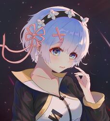  absurdres alternate_costume black_background black_jacket blue_eyes blue_hair blush breasts cleavage collarbone commentary_request cosplay female highres jacket large_breasts maid_headdress natsuki_subaru natsuki_subaru_(cosplay) pink_ribbon re:zero_kara_hajimeru_isekai_seikatsu rem_(re:zero) ribbon short_hair simple_background smile solo track_jacket upper_body werlt white_jacket yellow_jacket 