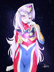  absurdres blue_bodysuit bodysuit breasts chinese_commentary clenched_hand covered_navel female flash_type_(ultraman) floating_hair genderswap_(mtf) gloves highres humanization long_hair looking_to_the_side medium_breasts multicolored_bodysuit multicolored_clothes purple_eyes purple_hair red_bodysuit rule_63 skin_tight solo space ultra_series ultraman_decker ultraman_decker_(series) white_gloves yi_(user_jwth4284) 