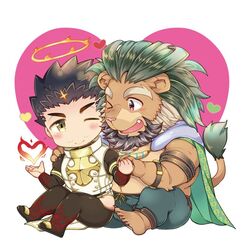  2boys animal_ears arsalan_(housamo) bara beard black_bodysuit black_hair blush bodysuit brown_eyes brown_fur cape chibi chibi_only clothing_cutout couple facial_hair fingernails full_body furry furry_male furry_with_non-furry green_cape green_hair halo heart heart_background heart_of_fire holding_hands interspecies lion_boy lion_ears male_focus medium_hair multiple_boys muscular muscular_male sharp_fingernails short_hair sitting skin_tight stubble thigh_cutout tight_clothes tokyo_afterschool_summoners wafu_(youzora_samo18) yaoi yellow_eyes zabaniyya_(housamo) 