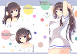  :d ? alternate_hair_length alternate_hairstyle arms_behind_head arms_up ass azur_lane blue_eyes blush breasts brown_hair cleavage closed_mouth clothes_writing collarbone commentary_request female hair_tie hair_tie_in_mouth headphones high_ponytail highres kamishiro_(rsg10679) long_hair long_island_(azur_lane) long_island_(long_island_-_indoor_slacker)_(azur_lane) medium_breasts mouth_hold multicolored_polka_dots multiple_views off-shoulder_shirt off_shoulder official_alternate_costume open_mouth polka_dot polka_dot_background ponytail shirt short_hair short_sleeves smile spoken_blush spoken_question_mark tying_hair very_long_hair white_shirt 