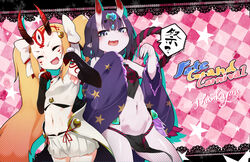  2girls absurdres bare_shoulders black_fundoshi blonde_hair blush breasts chinese_clothes closed_eyes collarbone copyright_name crop_top dai_yasude dudou earrings eyeliner facial_mark fate/grand_carnival fate/grand_order fate_(series) forehead forehead_jewel forehead_mark fundoshi hair_pulled_back highres horns ibaraki_douji_(fate) ibaraki_douji_(swimsuit_lancer)_(fate) ibaraki_douji_(swimsuit_lancer)_(third_ascension)_(fate) japanese_clothes jewelry long_hair looking_at_viewer low_twintails makeup midriff miniskirt multiple_girls navel oni open_mouth pointy_ears purple_eyes purple_hair shawl shirt short_hair short_twintails shuten_douji_(fate) shuten_douji_(halloween_caster)_(fate) skin-covered_horns skirt sleeveless sleeveless_shirt small_breasts smile tattoo thighs twintails white_shirt white_skirt 