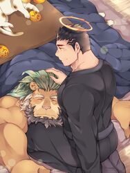  2boys alternate_costume animal_ears arsalan_(housamo) ass bara beard bed_sheet black_hair blush brown_fur casual closed_eyes couple facial_hair fingernails food fruit furry furry_male furry_with_non-furry green_hair halo hand_on_another&#039;s_head highres interspecies kotatsu lap_pillow light_smile lion_boy lion_ears male_focus mandarin_orange mature_male medium_hair multiple_boys muscular muscular_male sharp_fingernails short_hair sleeping socks stubble table tokyo_afterschool_summoners wafu_(youzora_samo18) yaoi yellow_eyes zabaniyya_(housamo) 