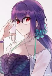  bikini bikini_under_clothes breasts fate/grand_order fate_(series) female fufufu_hehehe glasses hair_ornament hair_scrunchie highres large_breasts long_hair purple_hair purple_sweater red_eyes scathach_(fate) scathach_skadi_(fate) scathach_skadi_(swimsuit_ruler)_(fate) scathach_skadi_(swimsuit_ruler)_(second_ascension)_(fate) scrunchie signature sweater swimsuit 