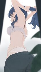  adjusting_hair black_pants blue_eyes blue_hair bra breasts female fingernails highres hiroki_(yyqw7151) long_hair make_heroine_ga_oo_sugiru! medium_breasts panties pants underwear white_bra white_panties yanami_anna 