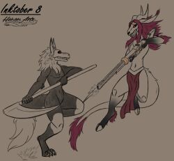  anthro bone bottomwear clothing demon duo fight gun hair hooves horn hunamarts inktober_2024 loincloth male male/male melee_weapon paws polearm ranged_weapon scythe shooting skull skulldog_(species) weapon zorael 