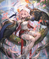  armlet arms_up bare_legs blue_eyes closed_mouth collarbone commentary_request company_name detached_sleeves dress ell_(ellnun) falling_leaves falling_petals female flower full_body hair_between_eyes jewelry leaf medium_hair nature official_art orange_flower outdoors petals pink_flower pink_hair plant puffy_sleeves rainbow red_flower shadowverse side_slit sitting sitting_on_object sleeveless sleeveless_dress smile solo tree vines viridia_magna_(shadowverse) water white_dress yellow_flower 