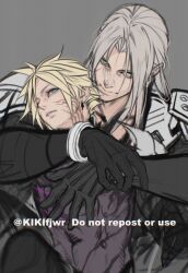  2boys aqua_eyes armor bangle black_coat black_gloves blonde_hair blue_eyes bodystocking bracelet cloud_strife cloud_strife_(bahamut_garb) coat facial_mark final_fantasy final_fantasy_vii final_fantasy_vii_ever_crisis gloves grey_background grey_hair half-closed_eyes hug hug_from_behind jewelry kiki_lala long_bangs long_hair male_focus multiple_boys parted_bangs parted_lips sephiroth short_hair shoulder_armor spiked_hair twitter_username upper_body yaoi 