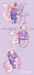  angry anthro blonde_hair blue_bottomwear blue_clothing bottomwear chair clothed clothing felid female fur furniture hair hi_res hotpants mammal marzipan_(spottedtigress) multicolored_hair on_chair overweight overweight_anthro overweight_female pantherine pink_body pink_fur purple_background purple_clothing purple_topwear red_hair shorts simple_background simple_eyes solo tiger tiggybloom topwear two_tone_hair white_body white_fur 