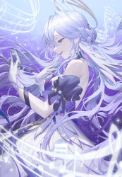  absurdres bare_shoulders blue_eyes bracelet breasts choker dress earrings face_jewel female from_side gloves halo halo_behind_head head_wings highres honkai:_star_rail honkai_(series) jewel_under_eye jewelry long_hair medium_breasts musical_note_ornament open_mouth pearl_bracelet purple_background purple_choker purple_dress purple_eyes purple_sleeves robin_(honkai:_star_rail) short_sleeves soho_(user_dphk5745) solo strapless strapless_dress two-tone_dress upper_body white_dress white_gloves white_wings wings 