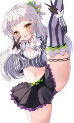  absurdres black_gloves black_panties black_skirt blush breasts cleavage crop_top female gloves grey_hair grey_shirt grey_thighhighs hair_bun highres hololive leg_up long_hair looking_at_viewer mainai_(pochiwan1108) murasaki_shion murasaki_shion_(1st_costume) open_mouth panties shirt short_eyebrows sidelocks single_hair_bun skirt small_breasts solo striped_clothes striped_thighhighs thighhighs underwear v virtual_youtuber yellow_eyes 