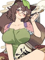  animal_ears blush breasts brown_hair brown_skirt commentary_request feet_out_of_frame female futatsuiwa_mamizou glasses green_shirt hand_up highres large_breasts leaf leaf_on_head looking_at_viewer medium_hair motsu_momomo one_eye_closed parted_lips pince-nez raccoon_ears raccoon_girl raccoon_tail round_eyewear shirt skirt smoke smoking_pipe solo tail touhou 