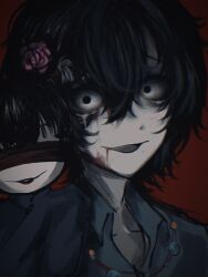  1boy black_eyes black_hair blood blood_from_mouth chinese_commentary collared_shirt colored_skin commentary_request constricted_pupils film_grain flower freckles fu_shun_(touqi_guaitan) grey_shirt hair_between_eyes hair_flower hair_ornament highres male_focus mole mole_under_mouth open_mouth pink_flower portrait puppet red_background shirt short_hair simple_background smile solo touqi_guaitan white_background white_skin xianchong_kafei 