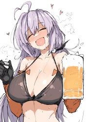  absurdres ahoge alcohol beer beer_mug bikini bikini_top_only black_gloves blush breasts cleavage closed_eyes closed_mouth cup drunk facing_viewer female girls&#039;_frontline gloves grey_hair hashtag-only_commentary heart highres holding holding_cup large_breasts long_hair mug open_mouth r_scrubed sakazuki saliva simple_background smile solo spectre_m4_(girls&#039;_frontline) sweat swimsuit upper_body white_background 