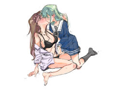  2girls bang_dream! bang_dream!_it&#039;s_mygo!!!!! barefoot black_bra black_panties black_socks blue_shirt blue_skirt blush bra brown_hair closed_eyes commentary green_hair grey_neckerchief hair_ornament hairclip hand_in_another&#039;s_hair highres kissing kneehighs kokutouemmm long_hair multiple_girls nagasaki_soyo neckerchief open_mouth panties pleated_skirt sailor_collar school_uniform shirt simple_background skirt socks tsukinomori_school_uniform underwear wakaba_mutsumi white_background white_sailor_collar white_shirt yuri 