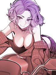  absurdres artist_name bare_shoulders blush breasts character_request choker cleavage closed_mouth collarbone copyright_name copyright_request english_commentary female highres keiryuu_seo large_breasts leaning_forward long_sleeves looking_at_viewer medium_hair monochrome motor_vehicle motorcycle off_shoulder on_motorcycle open_clothes purple_eyes purple_hair simple_background sitting smile solo strap_slip wavy_hair white_background 