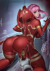  1boy ass blue_eyes bodysuit bokuman breasts cameltoe darling_in_the_franxx female from_behind hand_on_handle hiro_(darling_in_the_franxx) large_breasts long_hair looking_at_viewer looking_back pilot_suit pink_hair red_bodysuit skin_tight smile zero_two_(darling_in_the_franxx) 