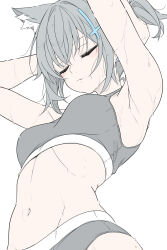  adjusting_hair animal_ear_fluff animal_ears armpits arms_up blue_archive blush breasts closed_mouth commentary cross cross_hair_ornament female from_below grey_hair grey_panties hair_ornament highres inverted_cross medium_breasts navel panties ponytail shiroko_(blue_archive) short_hair simple_background solo stomach sweat t1kosewad underwear white_background wolf_ears wolf_girl 